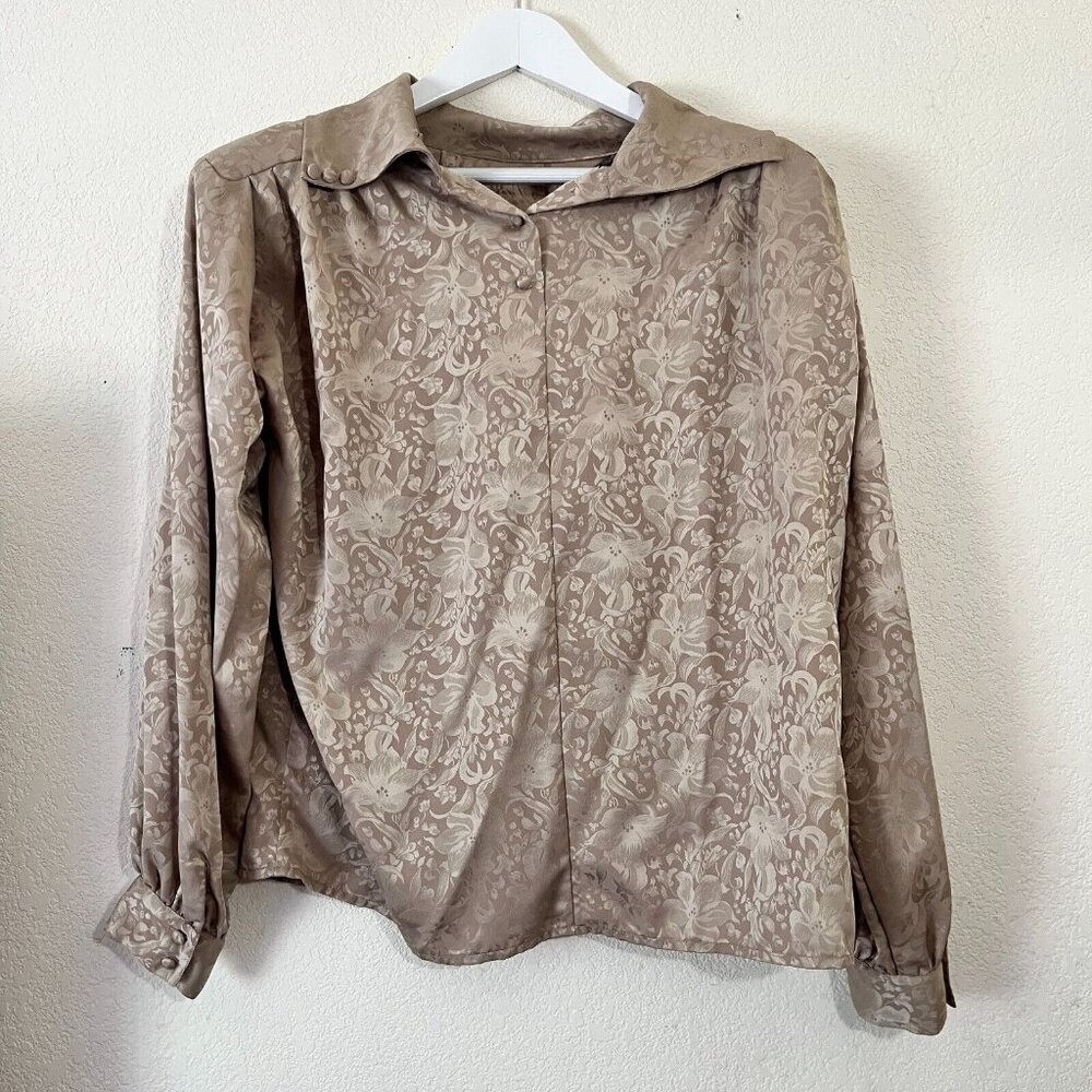 Vintage Epitome Womens Long Sleeve Floral Jacquard Blouse Size 14 Gold Buttons